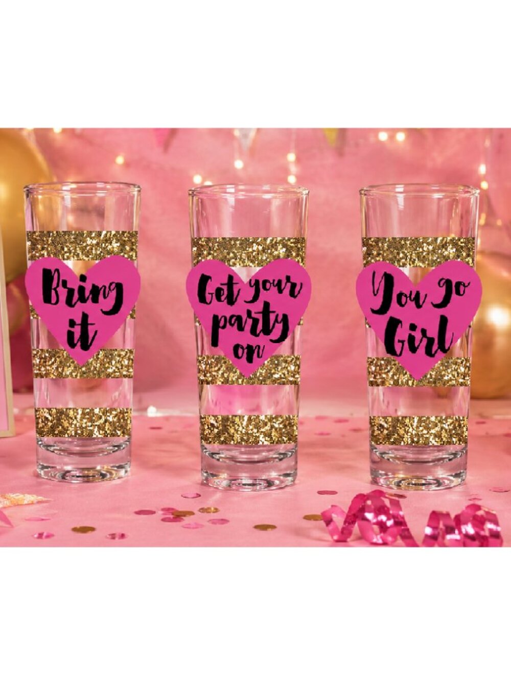 You Go Girl - Set of 3 Shot Glasses w Gold Bling - Bring It, Get Your Party On